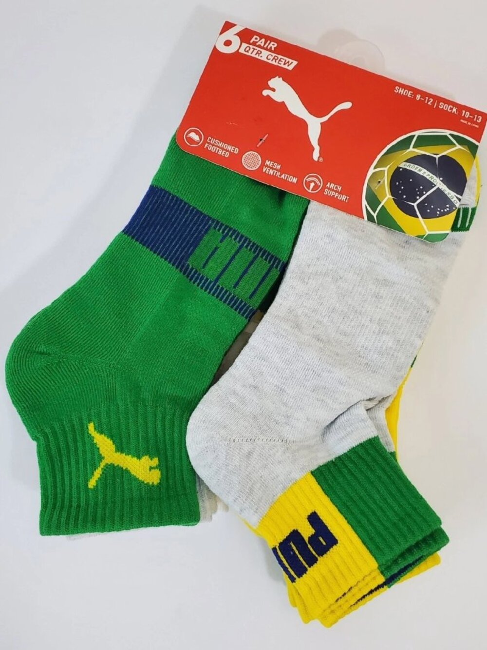 PUMA QUARTER CREW MEN'S SOCKS 6 PAIR SIZE SHOE 8-12 SOCK 10-13 BRASIL SOCCER